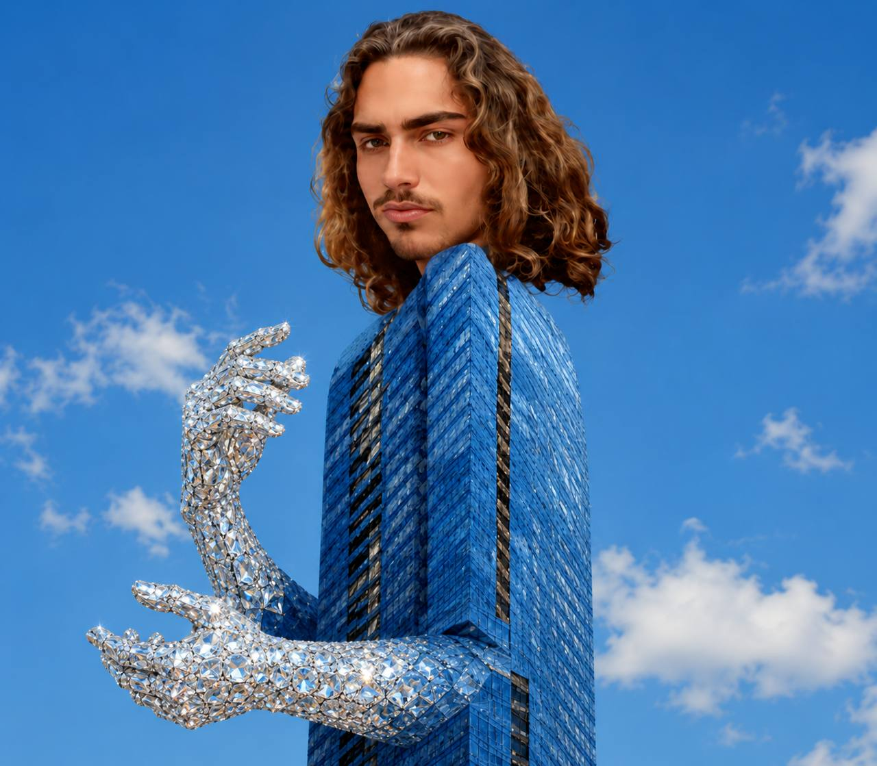 $DIAMONDTJR mascot — a figure whose body is a blue diamond skyscraper with sparkling crystal arms