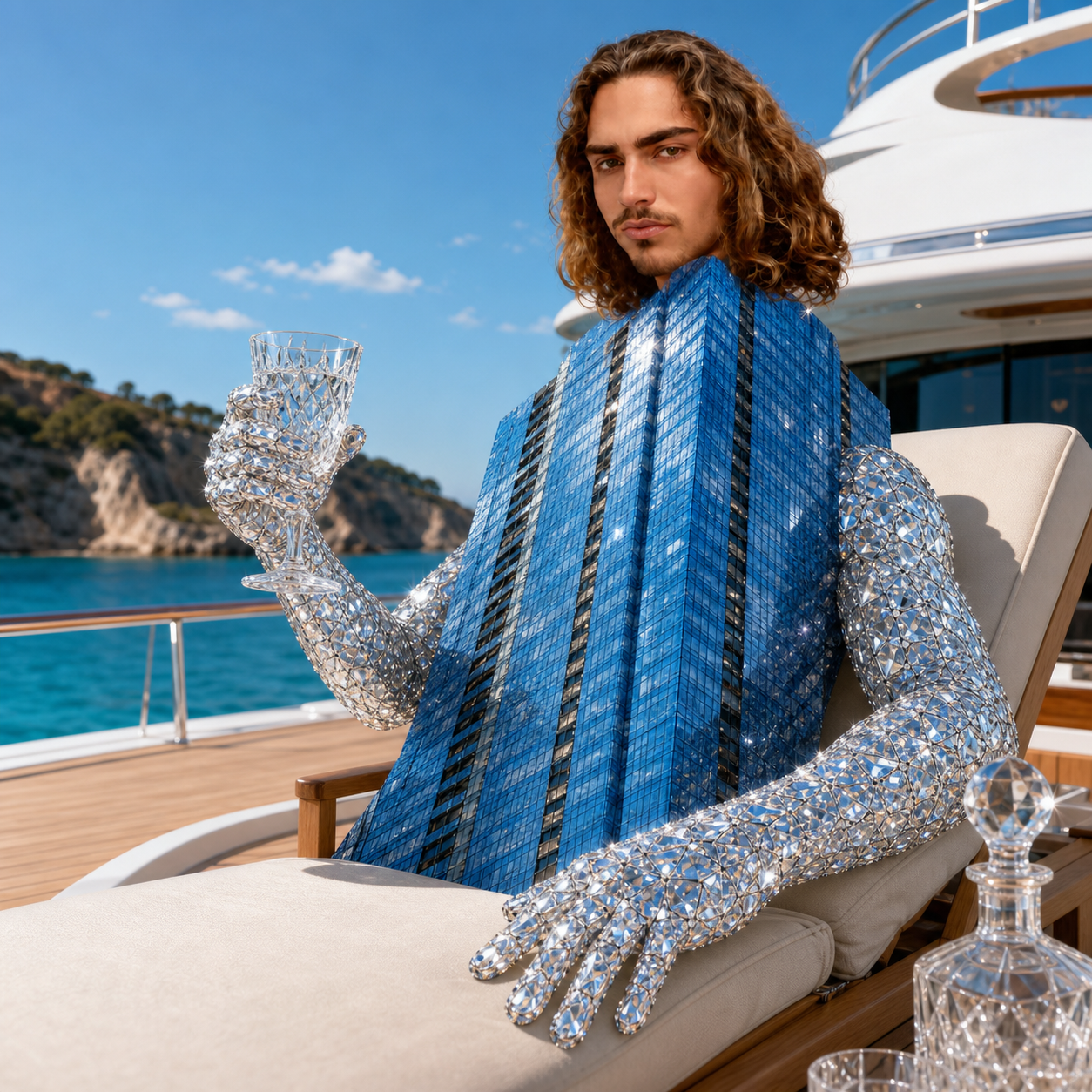 DIAMONDTJR mascot lounging on a superyacht holding a crystal glass